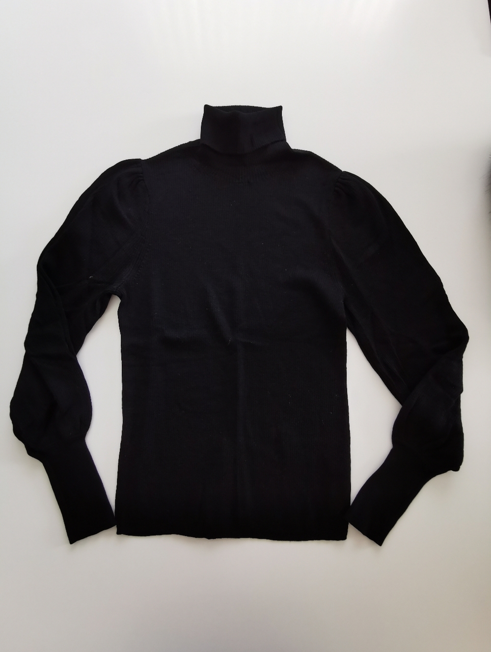 100% Merino Wool J. Crew Black Ribbed Puff Sleeve Turtleneck Sweater Top